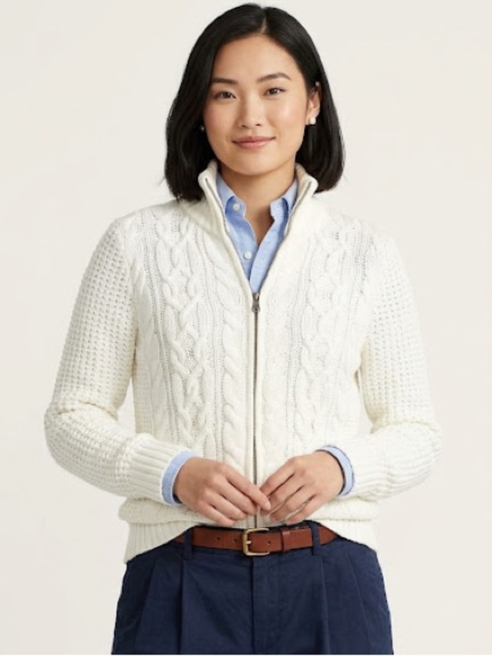 Ralph Lauren Heritage Quiet Luxury White Cable Knit Fishermancore Zip Up Sweater